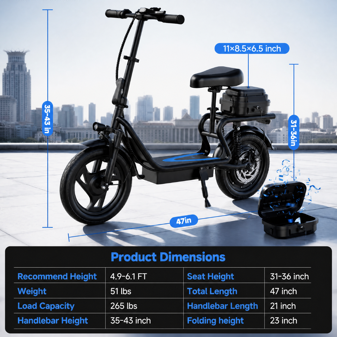 Foldable Electric Scooter with Seat  & Basket | 22 MPH | 27-Mile Range