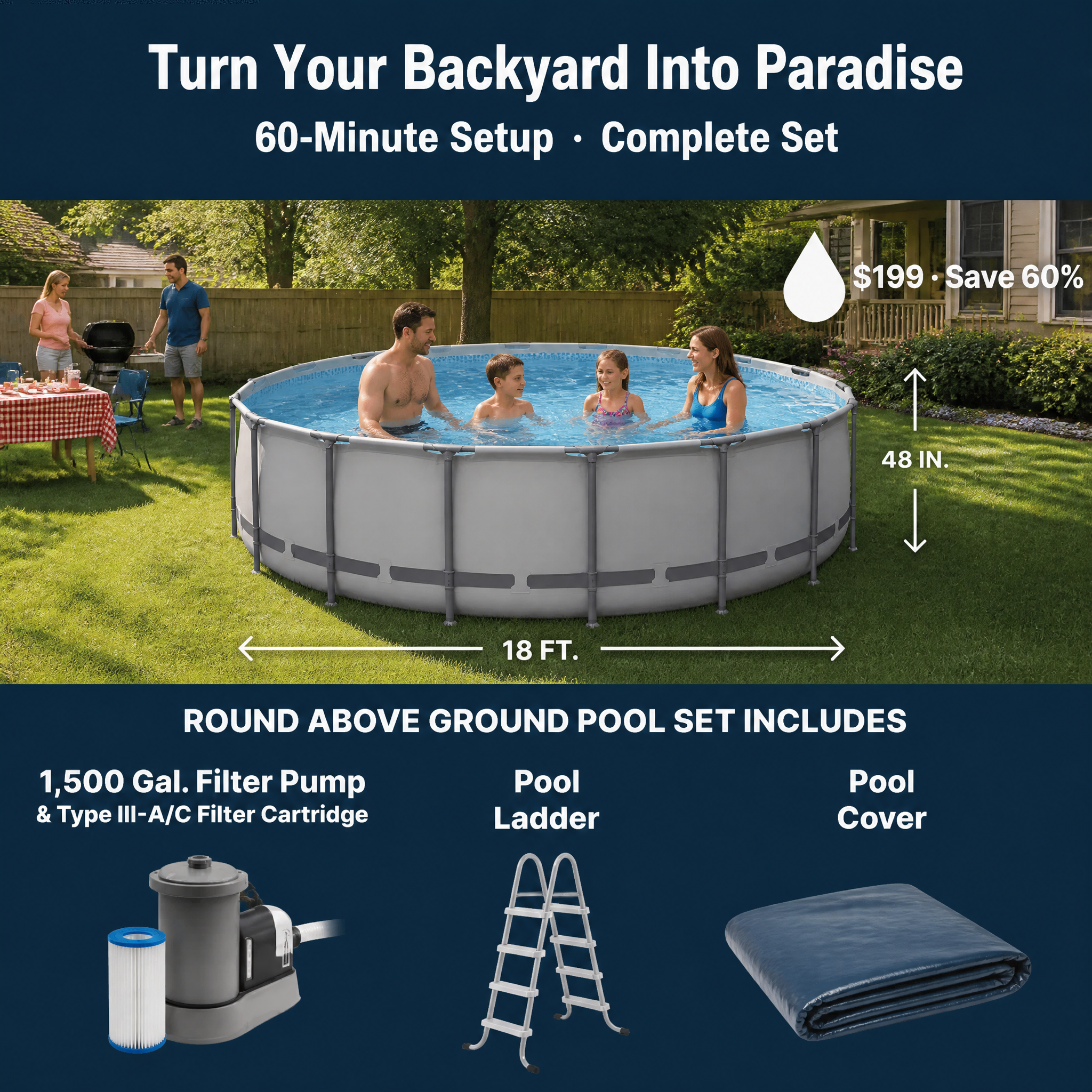 Premium Round Backyard Swimming Pool 15ft with Pump